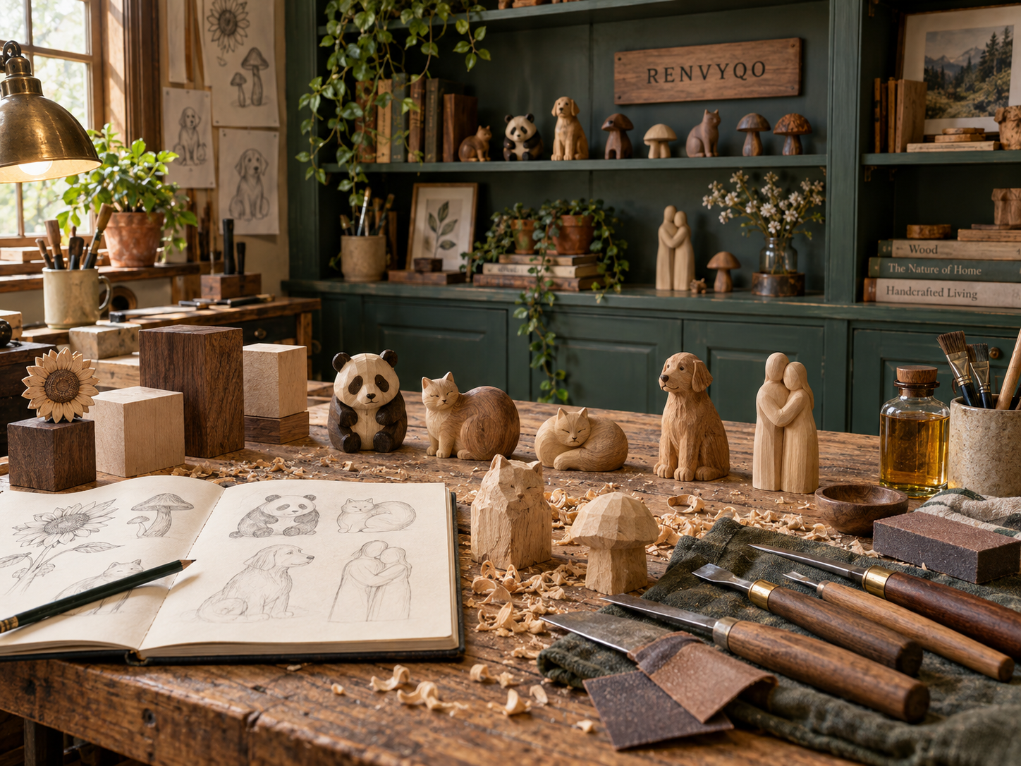 renvyqo woodcarving studio with natural wood blocks, figurine sketches, carving tools, prototypes and finished pieces
